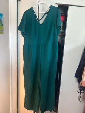 LOFT Teal V-Neck Short Sleeve Jumpsuit